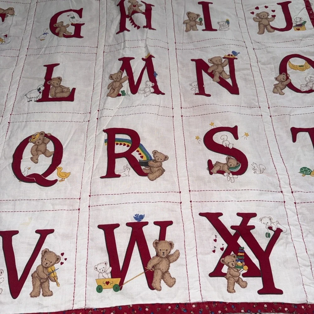 Homemade Quilted Baby Quilt ABC with Teddy Bears VINTAGE 35x32